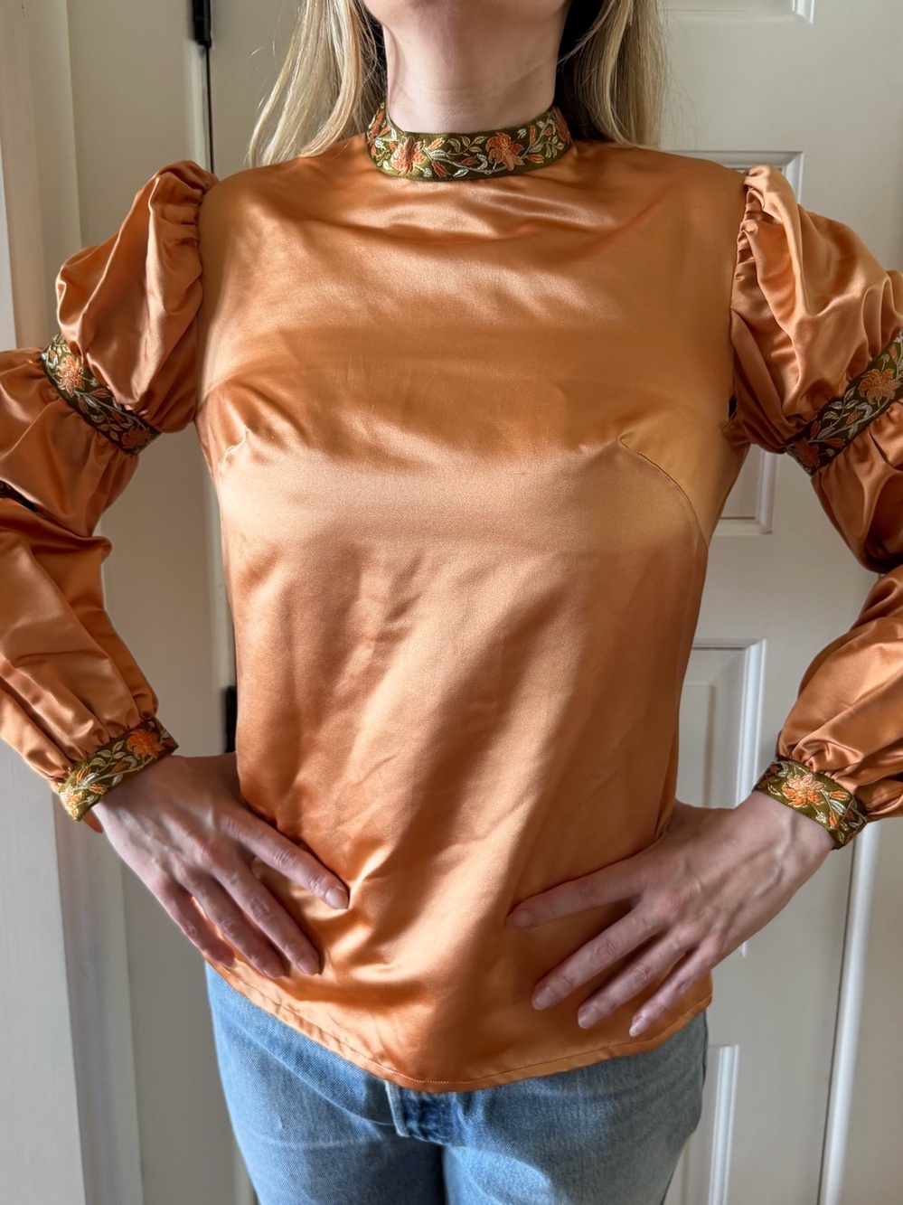 Vintage Blouse Peach Satin Blouse with Embellished Sleeves